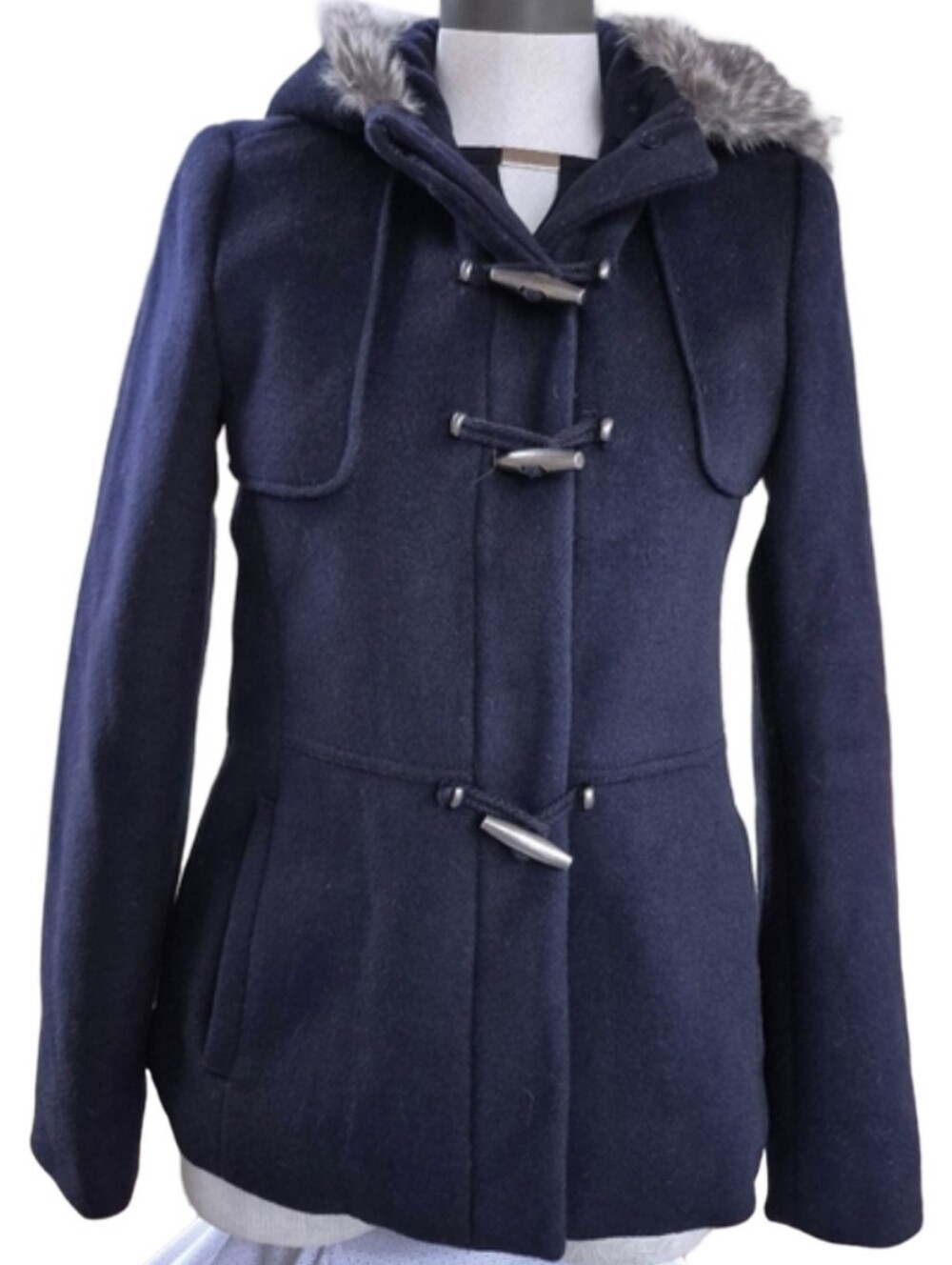 RW&CO. Womens Size Small Wool Blend Coat with Faux Fur Hood Trim